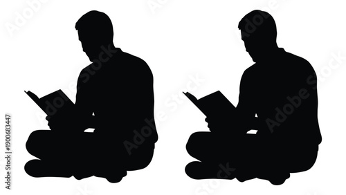 Two silhouettes of people seated and reading books in a minimalist style