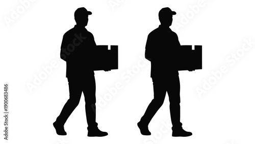 Two delivery workers carrying boxes are depicted in a black silhouette