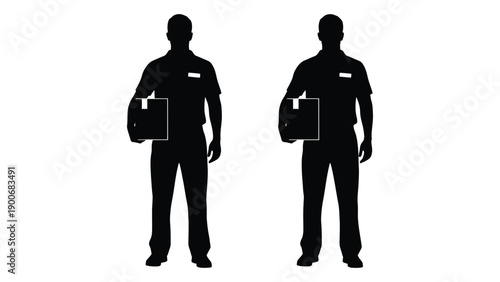 Two silhouetted figures of men holding clipboards are shown against a white background