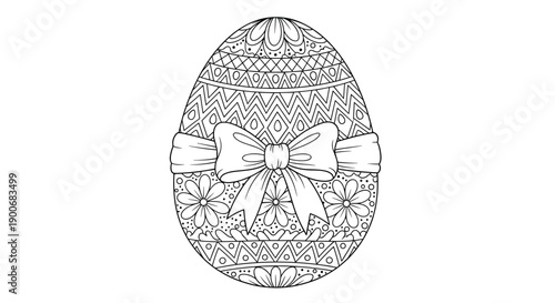 Intricately detailed easter egg with floral and geometric zentangle patterns and a bow, designed as a coloring book page for adults.