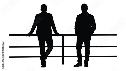 Fotografie Two men stand silhouetted against a white background leaning on a railing