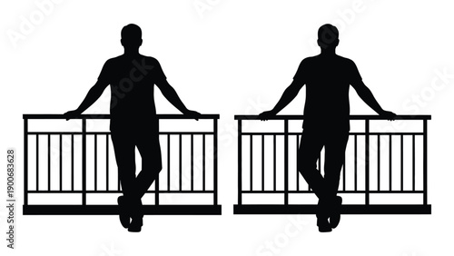 Silhouettes of two men leaning against a balcony railing in a symmetrical composition