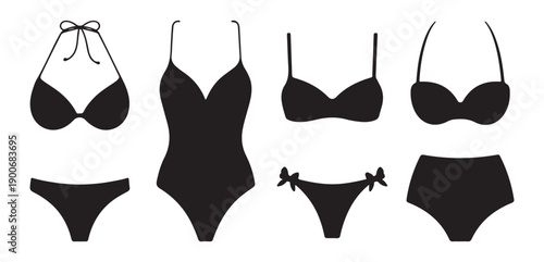 Set of women's swimwear black silhouettes isolated on white background