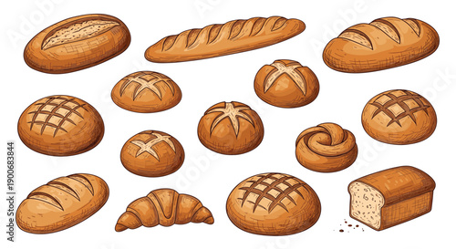 A large assortment of freshly baked bread and pastry, including loaves, rolls, and a croissant, in a colorful hand-drawn style.