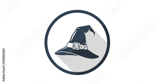 A simple flat design icon of a black witch hat with a long shadow effect, enclosed in a circle for a modern halloween symbol.