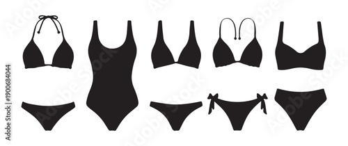 Various black swimwear icons on white background, modern beach fashion collection