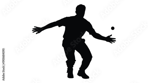 Silhouette of a man juggling a ball against a plain white background