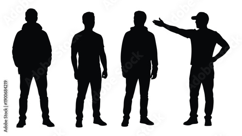 Silhouettes of four men standing in a row one gesturing with an outstretched arm