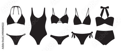 Collection of black swimwear silhouettes on white background, fashion and summer apparel