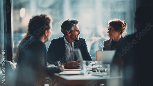 Small group of business partners discussing strategy around a table, soft window light, calm neutral tones, authentic working moment, copy space on the left, banner composition