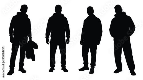 Four silhouetted figures of men standing in a row facing forward