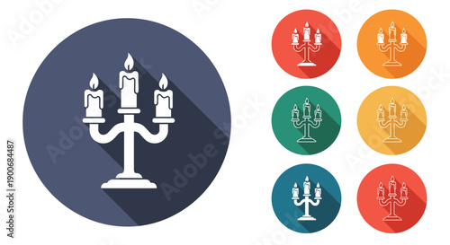 A set of modern flat design candelabra icons with three lit candles and a long shadow effect, presented in various colors.