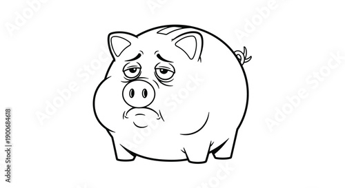 A sad and empty-looking piggy bank with a tired expression in a black and white line art style, symbolizing financial problems.