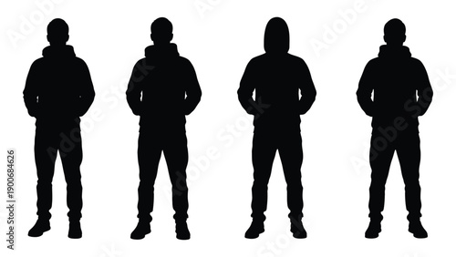 Four silhouetted figures standing in a row facing forward high quality