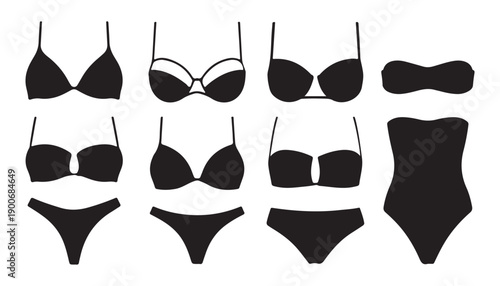 Diverse black swimwear options, vector graphics, fashion collection on white background