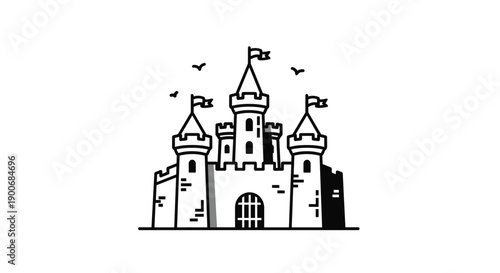 Simple black and white line art illustration of a medieval fairytale castle with towers, flags, and flying birds on a white background.