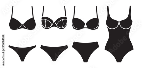 Black bra and bikini styles, fashion and summer apparel, vector illustration