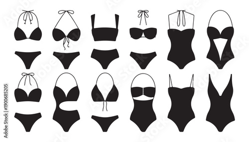 Set of bikini and swimsuit silhouettes for women beach fashion isolated vector illustrations design