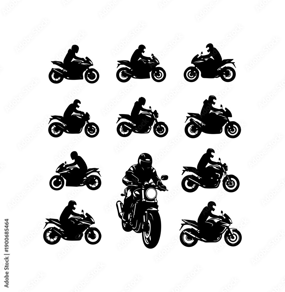 Obraz premium Diverse Motorcycle Riders Silhouette Vector Set