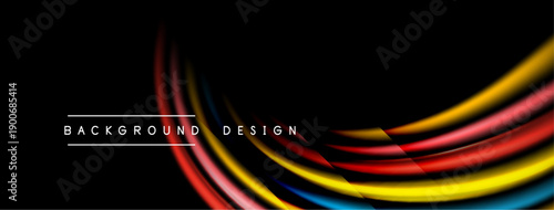 Abstract colorful lines over black background. Modern design elements create dynamic visual impact. Simple text labels bottom center.