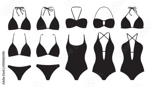 Collection of elegant women swimwear silhouettes in black color for catalog and online store graphic