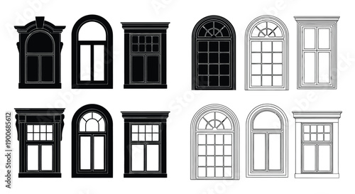 Collection of architectural window designs in varying styles and colors