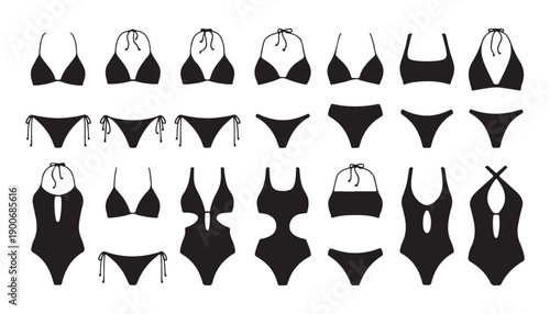 Minimalist bikini silhouettes and one piece swimwear designs for ladies summer fashion vector element