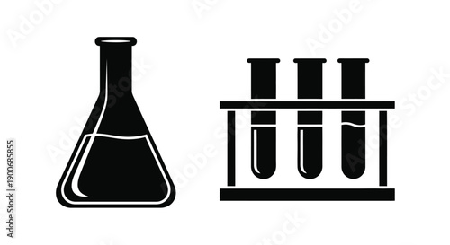 Laboratory glassware including an erlenmeyer flask and test tubes