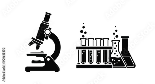 Scientific equipment including a microscope and various laboratory glassware
