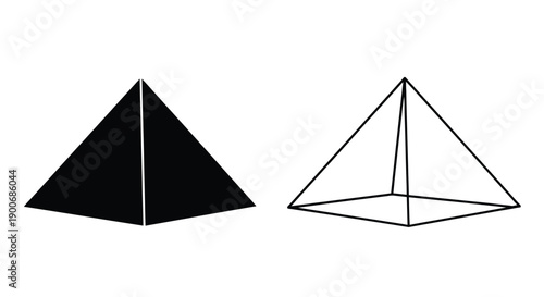 Two geometric pyramids one solid black one outlined with lines