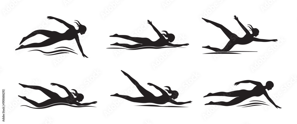 Fototapeta premium Set of six female swimmers demonstrating various dynamic swimming positions, isolated on white