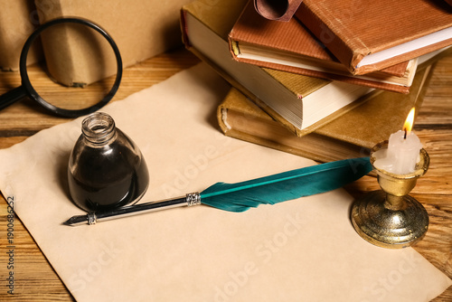 Books with nib pen, inkwell...