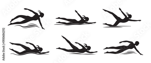 Set of six female swimmers demonstrating various dynamic swimming positions, isolated on white