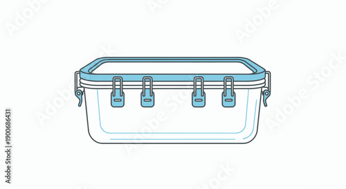 Illustration of a rectangular plastic storage container with a secure lid and locking clips.
