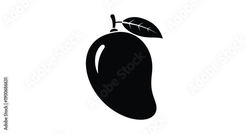 A simple black and white illustration of a mango with a leaf