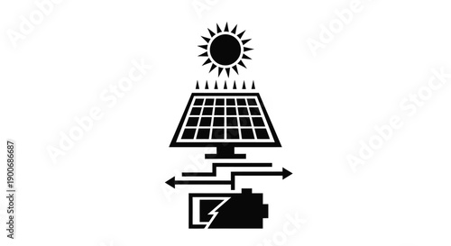 Solar panel converting sunlight into electricity with battery storage shown
