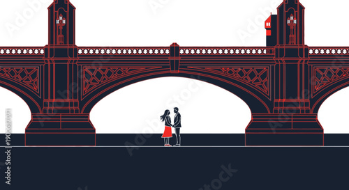 An elegant illustration depicts a loving couple sharing a moment under a majestic, intricately designed city bridge, symbolizing urban romance.