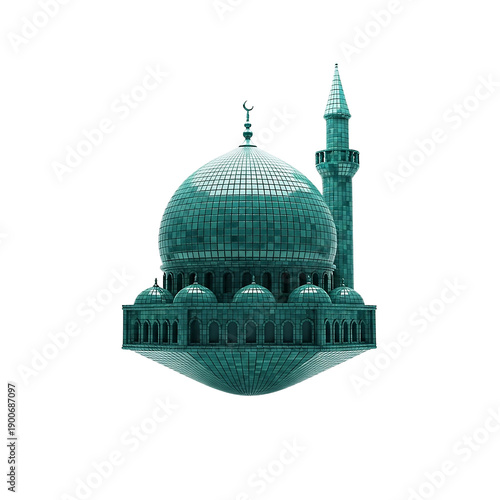 Majestic Teal Mosque with Tall Minaret, a Modern Islamic Architectural Design Concept Isolated