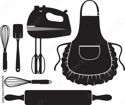 Black silhouette set of baking and kitchen tools, hand mixer, whisk, spatula, rolling pin, apron
