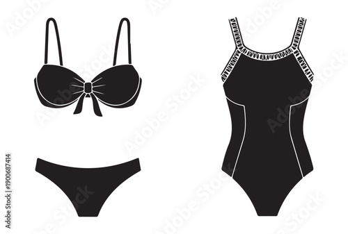 Black silhouette swimsuit icons featuring classic two piece bikini and elegant one piece beachwear