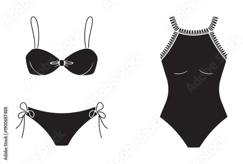 Minimalist black swimwear silhouettes featuring string bikini set and halter neck monokini bodysuit