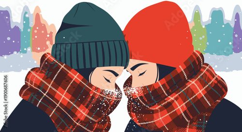 A loving couple bundled in warm winter attire, sharing a tender moment amidst a snowy landscape, feeling the crisp chill and beauty of the season together.