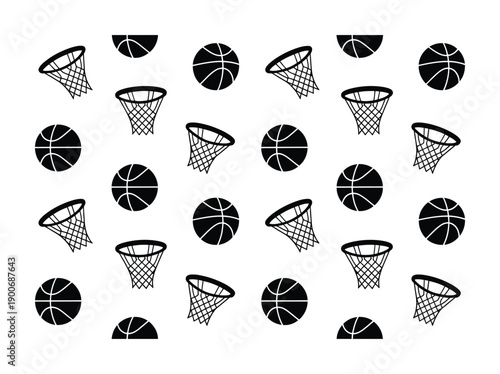 Seamless Pattern of Vector illustration Black Basketballs and Hoops on White Background