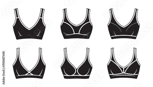 Set of six black bras with thick shoulder straps isolated on a white background