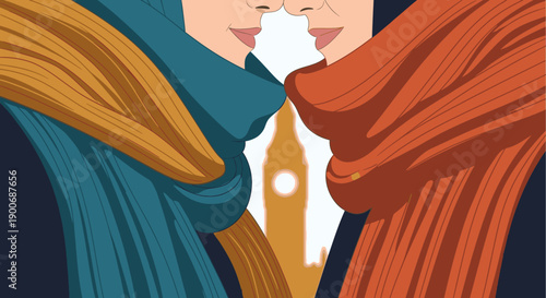 Vibrant illustration of two stylized figures with flowing fabric, elegantly framing the iconic silhouette of London's Big Ben clock tower.