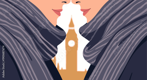 Stylized human profiles face each other, framing the iconic Big Ben clock tower in London's negative space, symbolizing communication, British culture, and governance.