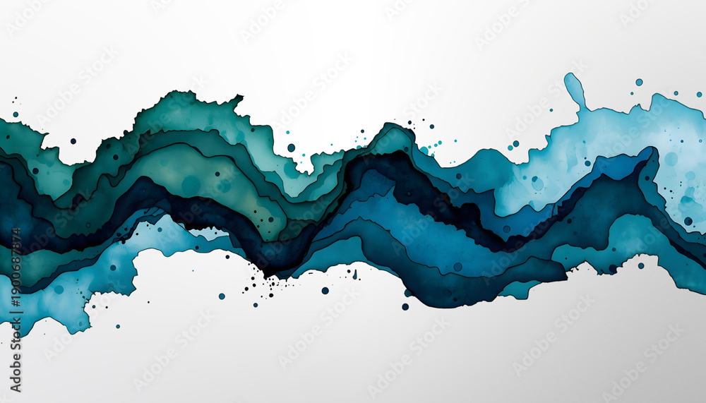Obraz premium Abstract teal and blue watercolor ink wave background with fluid layers and splatter details on a clean white canvas