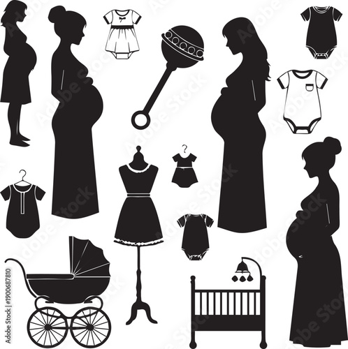 Pregnancy and baby items vector illustration set, featuring pregnant women, baby clothes, stroller, crib, and rattle
