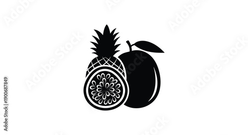 Black and white illustration of a pineapple and apple fruit pairing