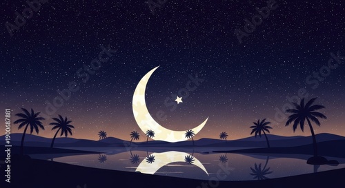 Striking crescent moon and star illuminate a tranquil desert oasis landscape at night